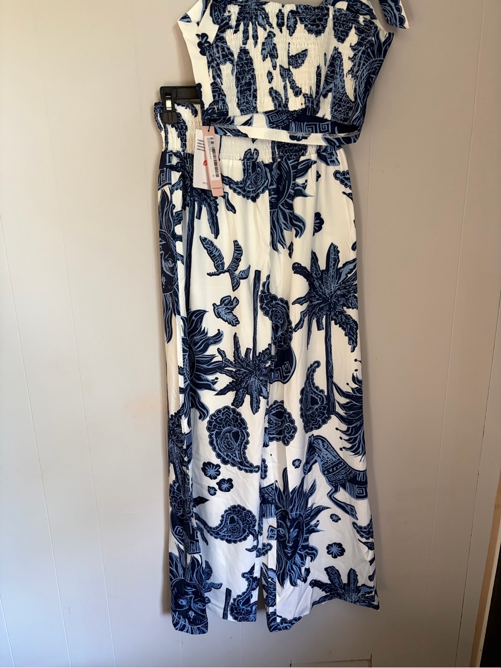 Floral Print Wide-Leg Pants & crop top  - White & Navy - Picture 5 of 8